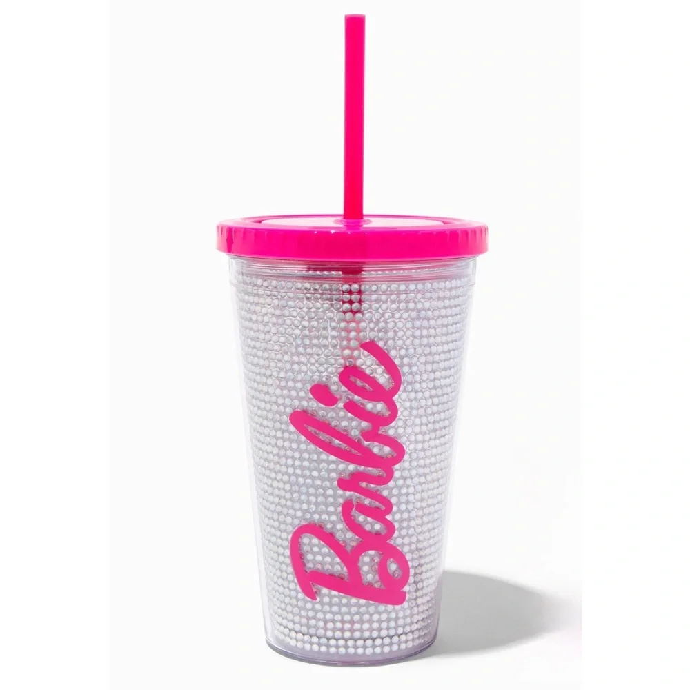BARBIE Pink / Silver Rhinestone Tumbler Cup With Straw